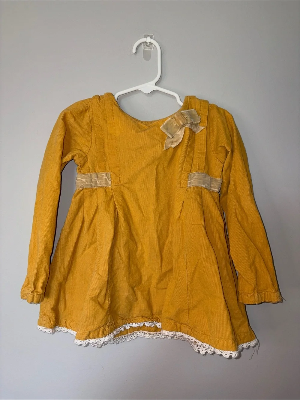 Rachel Zoe Girls' Mustard Yellow Corduroy Dress with Velvet Bows 3T